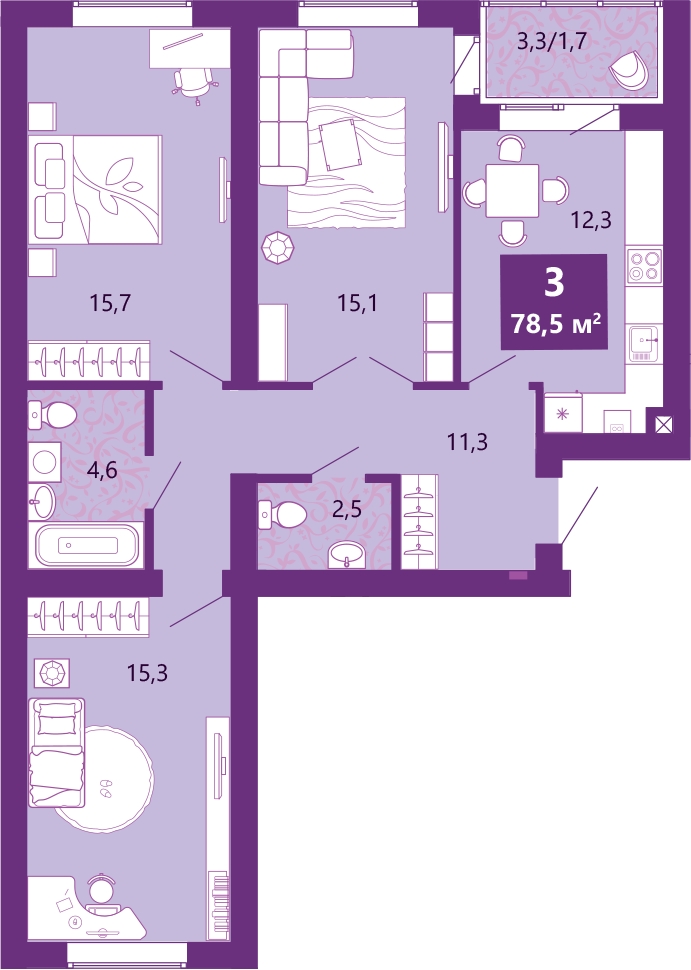 3-комнатная квартира с отделкой в ЖК Южные сады на 27 этаже в 1 секции. Сдача в 2 кв. 2025 г.