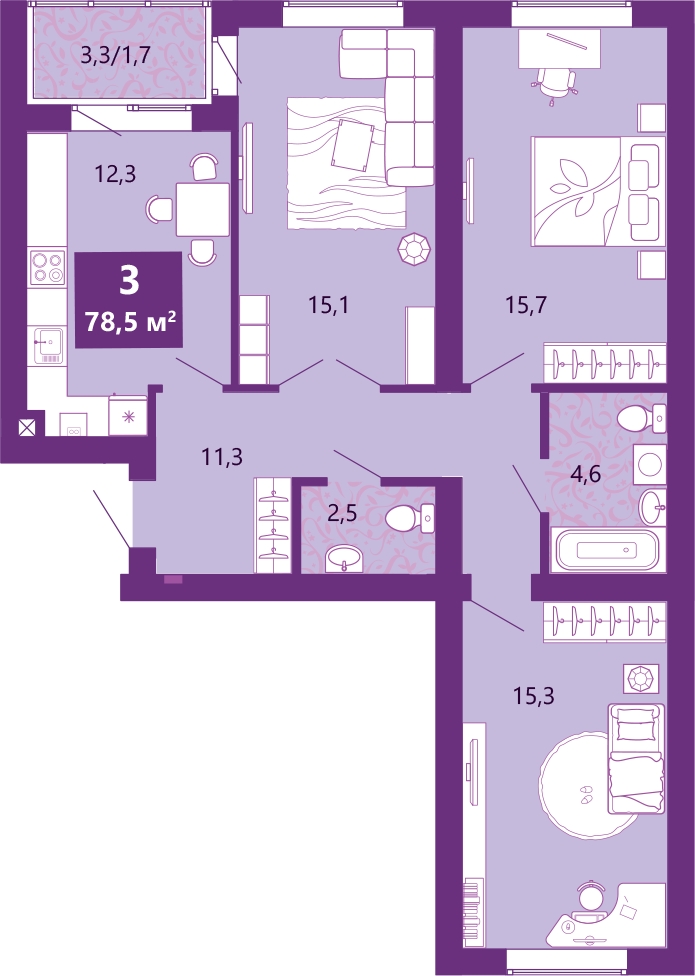 3-комнатная квартира с отделкой в ЖК DOM SMILE на 15 этаже в А секции. Сдача в 4 кв. 2022 г.