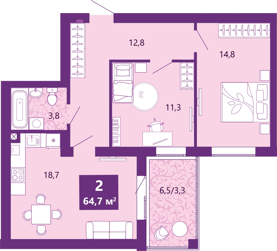 2-комнатная квартира в ЖК Миниполис Рафинад на 5 этаже в 1 секции. Сдача в 2 кв. 2021 г.