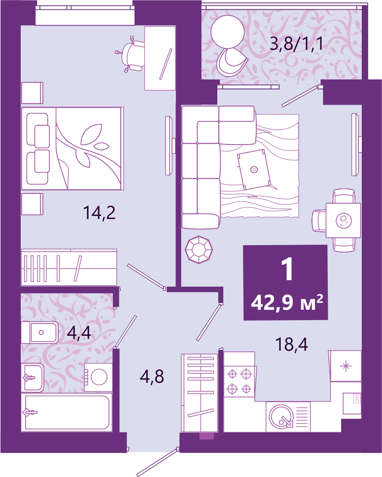 2-комнатная квартира в ЖК SHAGAL на 9 этаже в 1 секции. Сдача в 4 кв. 2023 г.