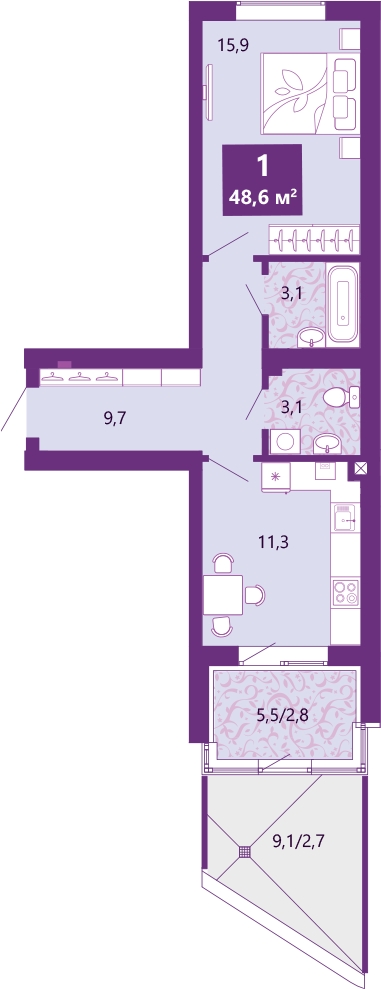 3-комнатная квартира в ЖК SHAGAL на 10 этаже в 1 секции. Сдача в 4 кв. 2023 г.