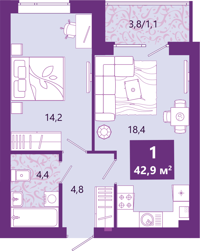 2-комнатная квартира в ЖК SHAGAL на 16 этаже в 1 секции. Сдача в 1 кв. 2024 г.