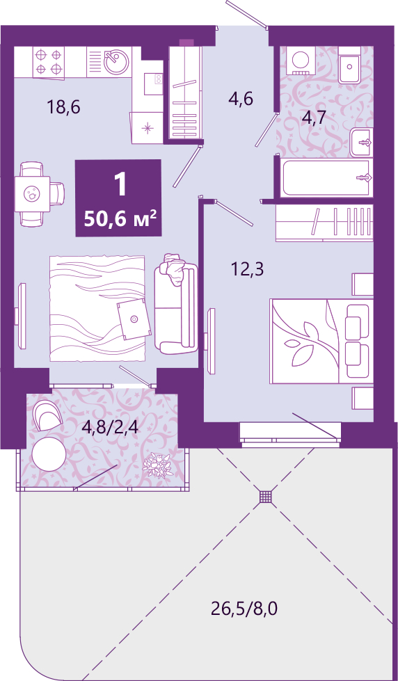 2-комнатная квартира в ЖК SHAGAL на 14 этаже в 1 секции. Сдача в 4 кв. 2023 г.