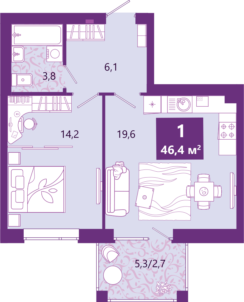 2-комнатная квартира в ЖК Южные сады на 2 этаже в 2 секции. Сдача в 2 кв. 2025 г.