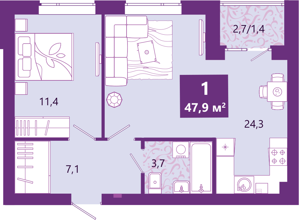 2-комнатная квартира с отделкой в ЖК Сиреневый бульвар на 4 этаже в 7 секции. Сдача в 1 кв. 2025 г.