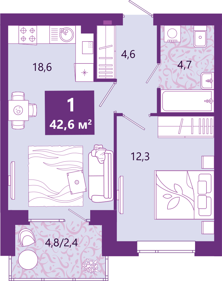 2-комнатная квартира в ЖК SHAGAL на 6 этаже в 1 секции. Сдача в 4 кв. 2023 г.