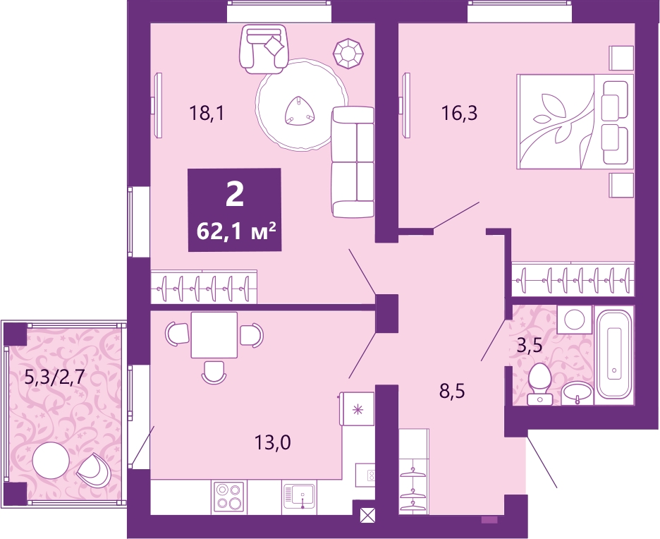 2-комнатная квартира в ЖК Миниполис Рафинад на 8 этаже в 1 секции. Сдача в 2 кв. 2021 г.