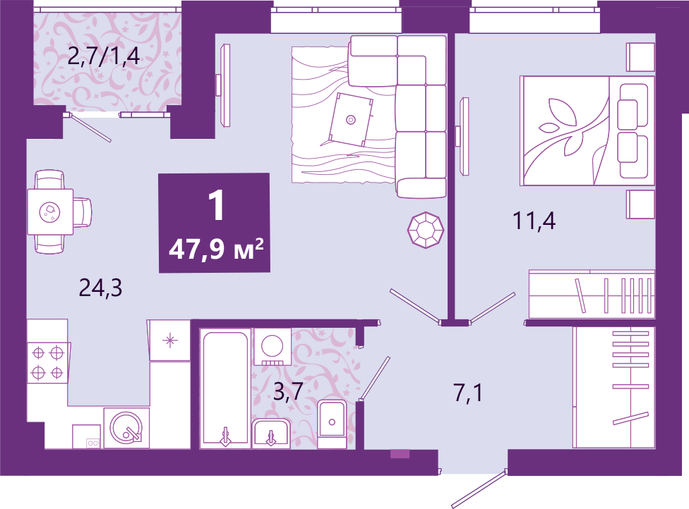 1-комнатная квартира (Студия) с отделкой в ЖК Бунинские кварталы на 4 этаже в 1 секции. Сдача в 1 кв. 2026 г.