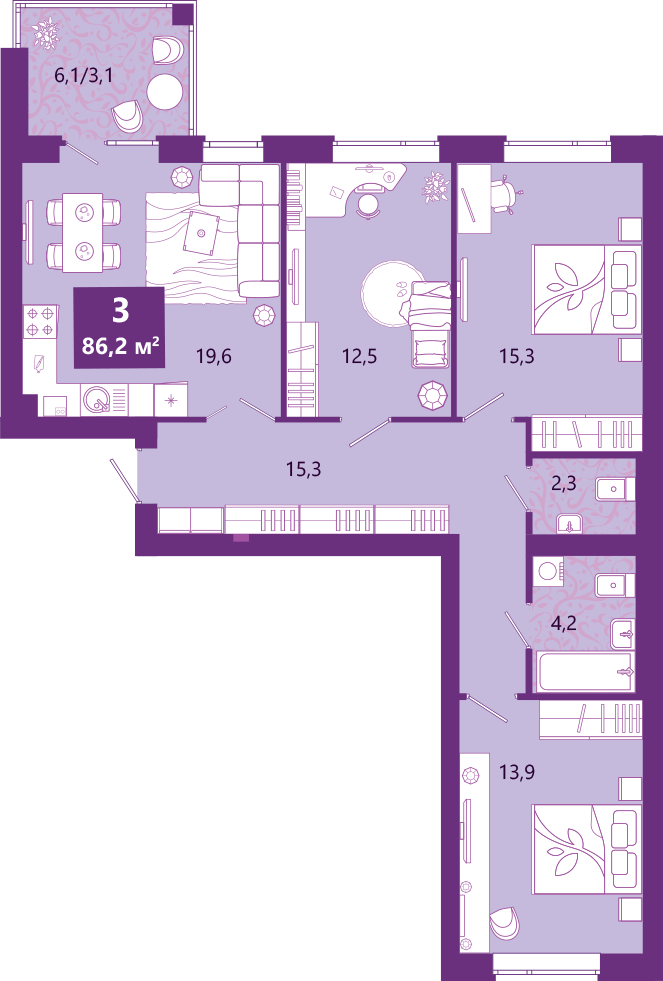 2-комнатная квартира в ЖК Южные сады на 19 этаже в 3 секции. Сдача в 2 кв. 2025 г.