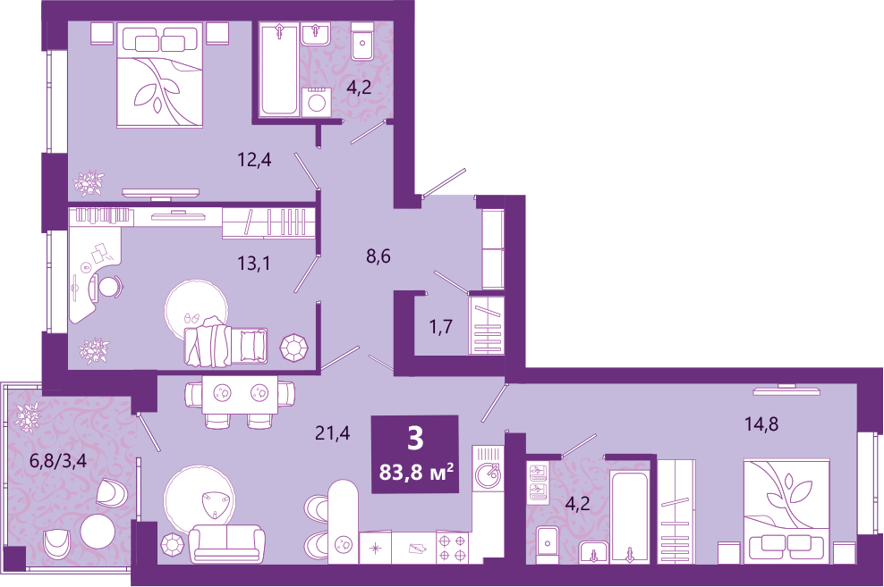 3-комнатная квартира с отделкой в ЖК Victory Park Residences на 5 этаже в 1 секции. Сдача в 4 кв. 2023 г.
