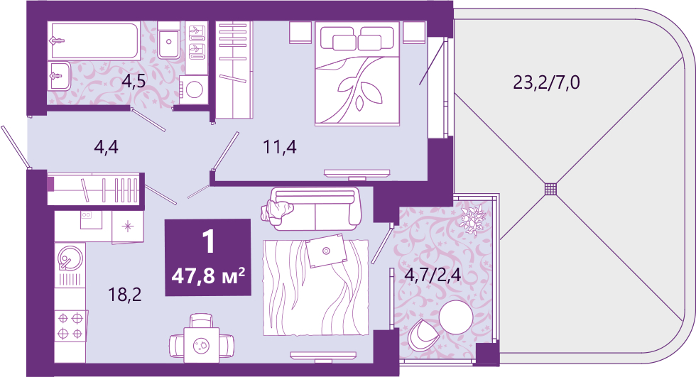 2-комнатная квартира в ЖК Миниполис Рафинад на 7 этаже в 1 секции. Сдача в 2 кв. 2021 г.