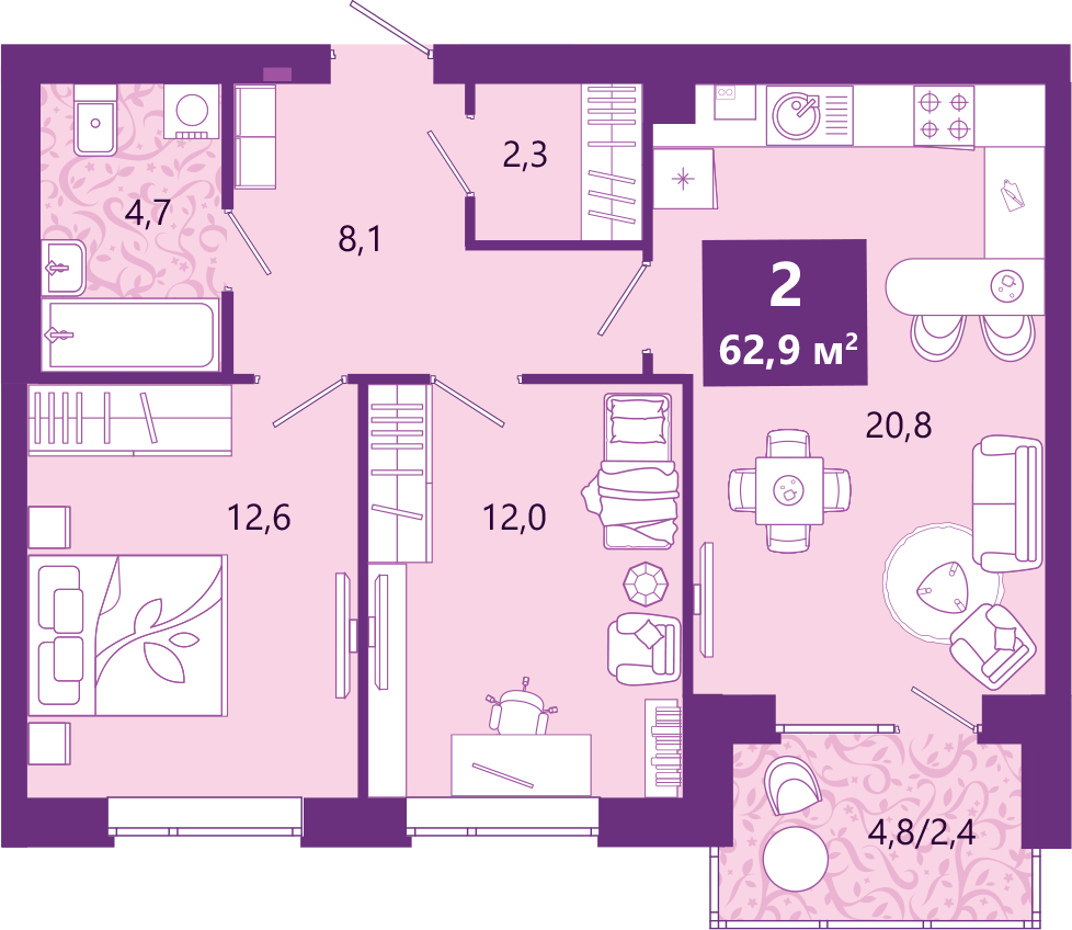 2-комнатная квартира с отделкой в ЖК Victory Park Residences на 2 этаже в 1 секции. Сдача в 4 кв. 2023 г.