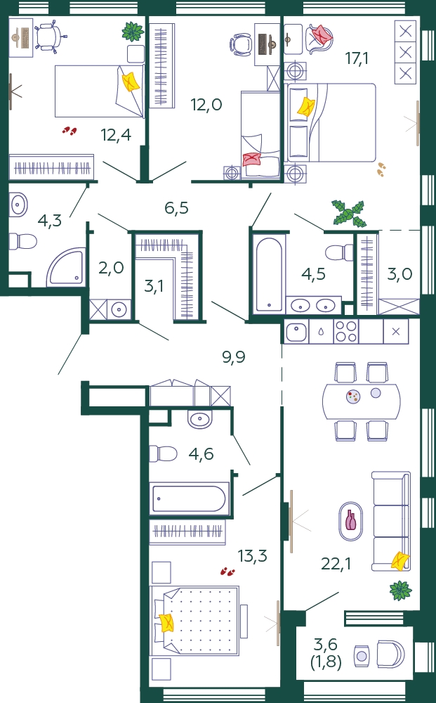 4-комнатная квартира в ЖК Бунинские кварталы на 3 этаже в 1 секции. Сдача в 4 кв. 2025 г.