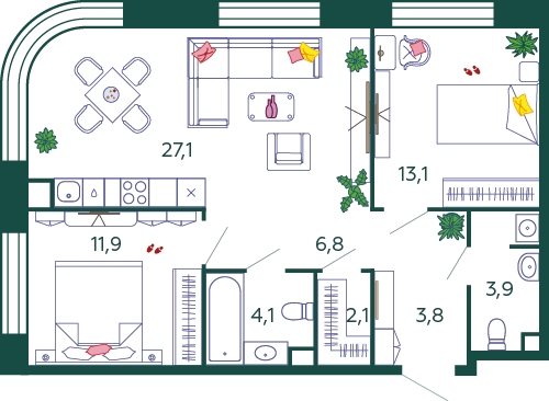 2-комнатная квартира в ЖК Городские истории на 16 этаже в 1 секции. Сдача в 4 кв. 2023 г.
