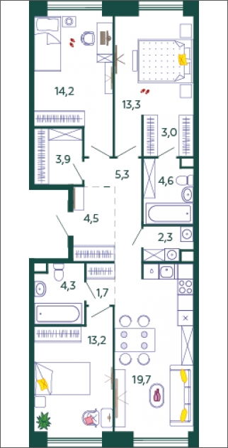 2-комнатная квартира в ЖК Бунинские кварталы на 4 этаже в 1 секции. Сдача в 4 кв. 2025 г.