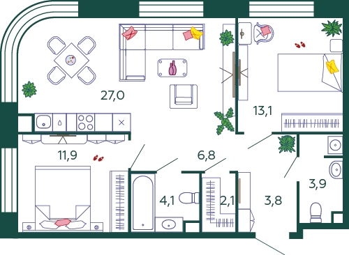 1-комнатная квартира в ЖК Южные сады на 13 этаже в 3 секции. Сдача в 2 кв. 2025 г.