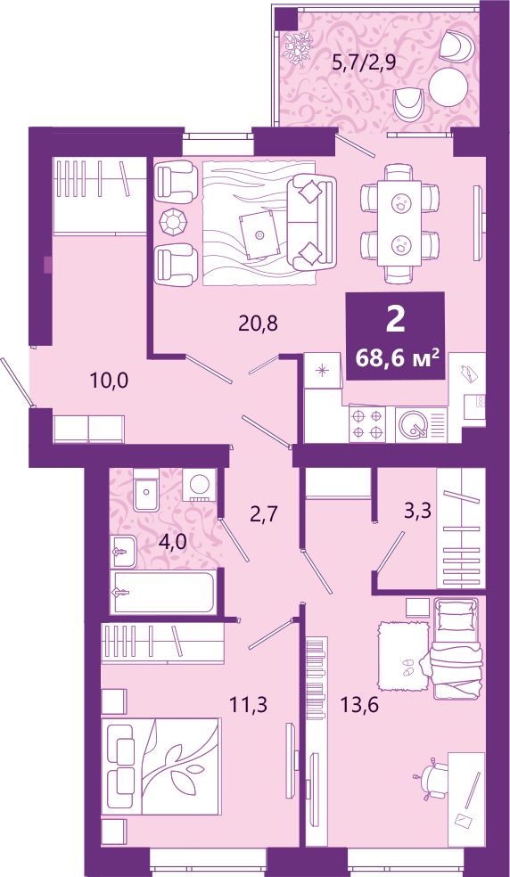 2-комнатная квартира в ЖК Бунинские кварталы на 8 этаже в 1 секции. Сдача в 4 кв. 2025 г.