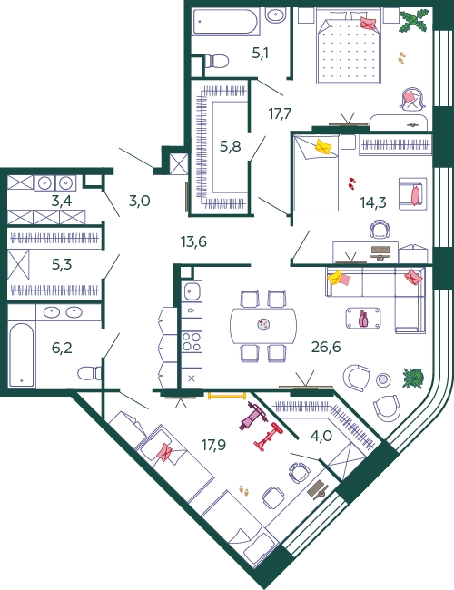 3-комнатная квартира в ЖК Городские истории на 10 этаже в 1 секции. Сдача в 4 кв. 2023 г.