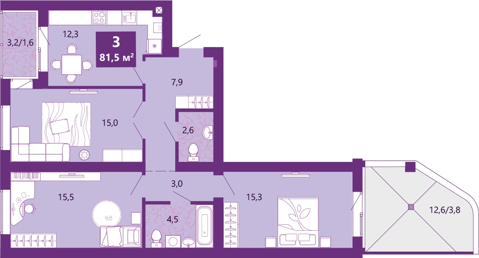 3-комнатная квартира с отделкой в ЖК Сиреневый бульвар на 1 этаже в 2 секции. Сдача в 1 кв. 2025 г.