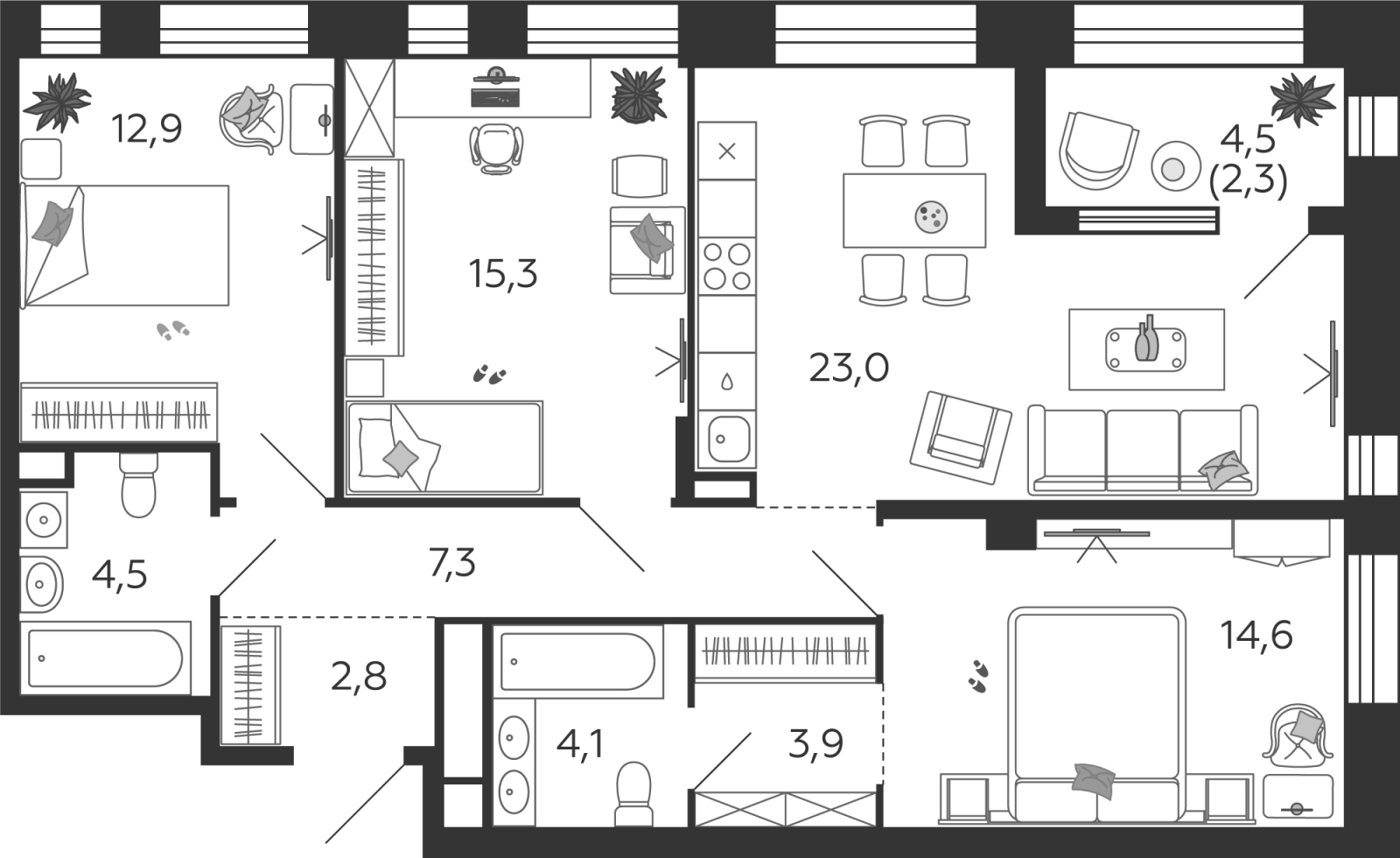 3-комнатная квартира с отделкой в ЖК GloraX City Zanevsky на 12 этаже в 1 секции. Сдача в 2 кв. 2024 г.