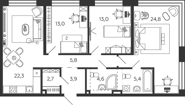 4-комнатная квартира в ЖК Бунинские кварталы на 12 этаже в 1 секции. Сдача в 4 кв. 2025 г.