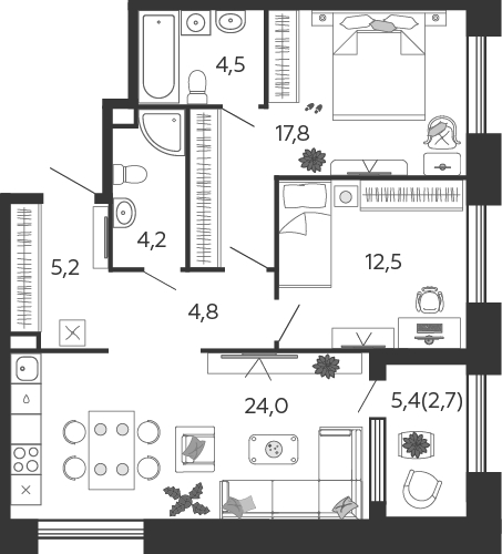 1-комнатная квартира в ЖК SHAGAL на 18 этаже в 1 секции. Сдача в 1 кв. 2024 г.