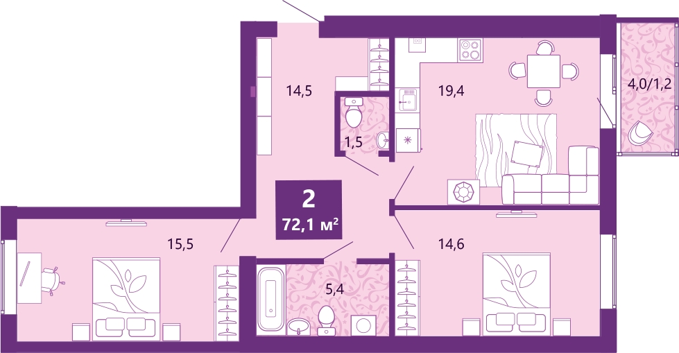 2-комнатная квартира с отделкой в ЖК Сиреневый бульвар на 4 этаже в 5 секции. Сдача в 1 кв. 2025 г.