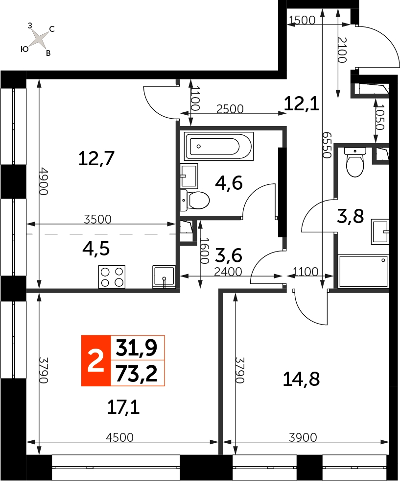 4-комнатная квартира в ЖК Бунинские кварталы на 13 этаже в 1 секции. Сдача в 4 кв. 2025 г.