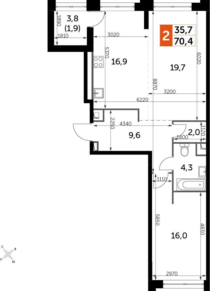 2-комнатная квартира с отделкой в ЖК GloraX City Zanevsky на 11 этаже в 2 секции. Сдача в 2 кв. 2024 г.