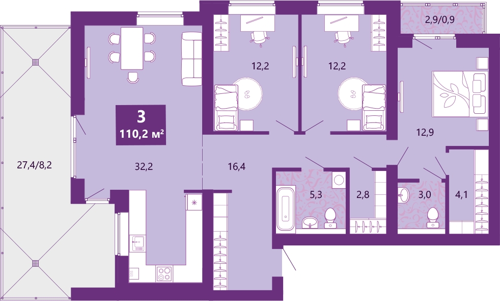 2-комнатная квартира в ЖК Бригантина на 3 этаже в 2 секции. Сдача в 3 кв. 2023 г.