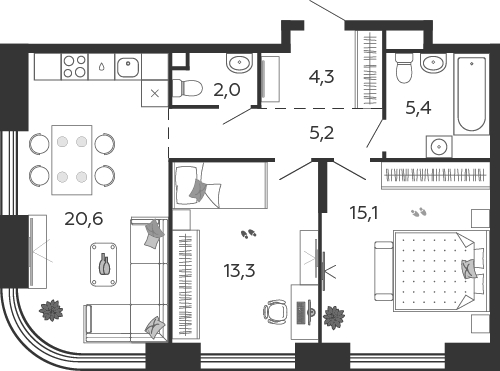2-комнатная квартира с отделкой в ЖК GloraX City Zanevsky на 12 этаже в 2 секции. Сдача в 2 кв. 2024 г.