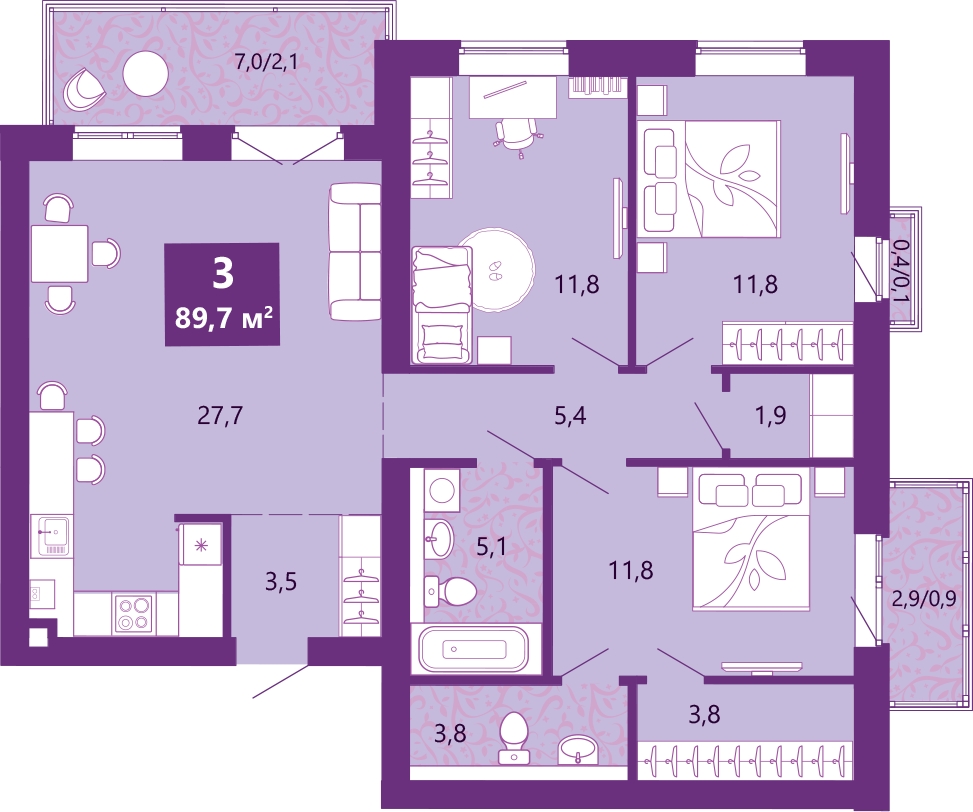 3-комнатная квартира с отделкой в ЖК Сиреневый бульвар на 3 этаже в 1 секции. Сдача в 2 кв. 2025 г.