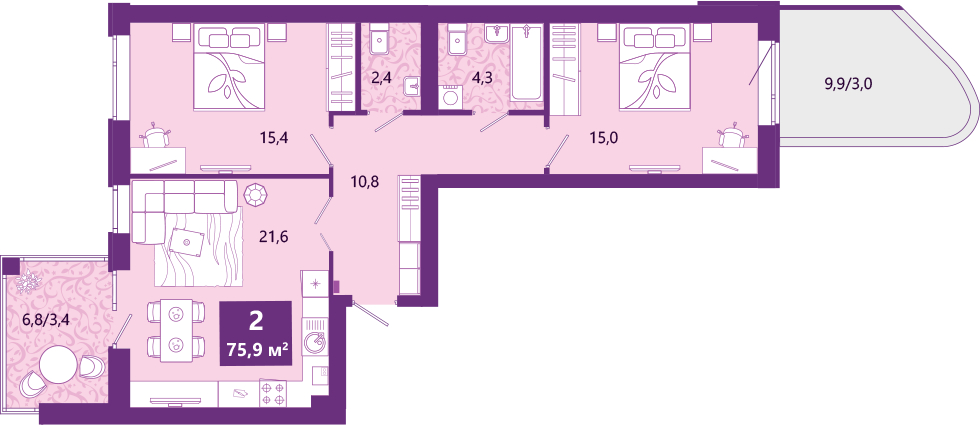 2-комнатная квартира с отделкой в ЖК GloraX City Zanevsky на 13 этаже в 2 секции. Сдача в 2 кв. 2024 г.
