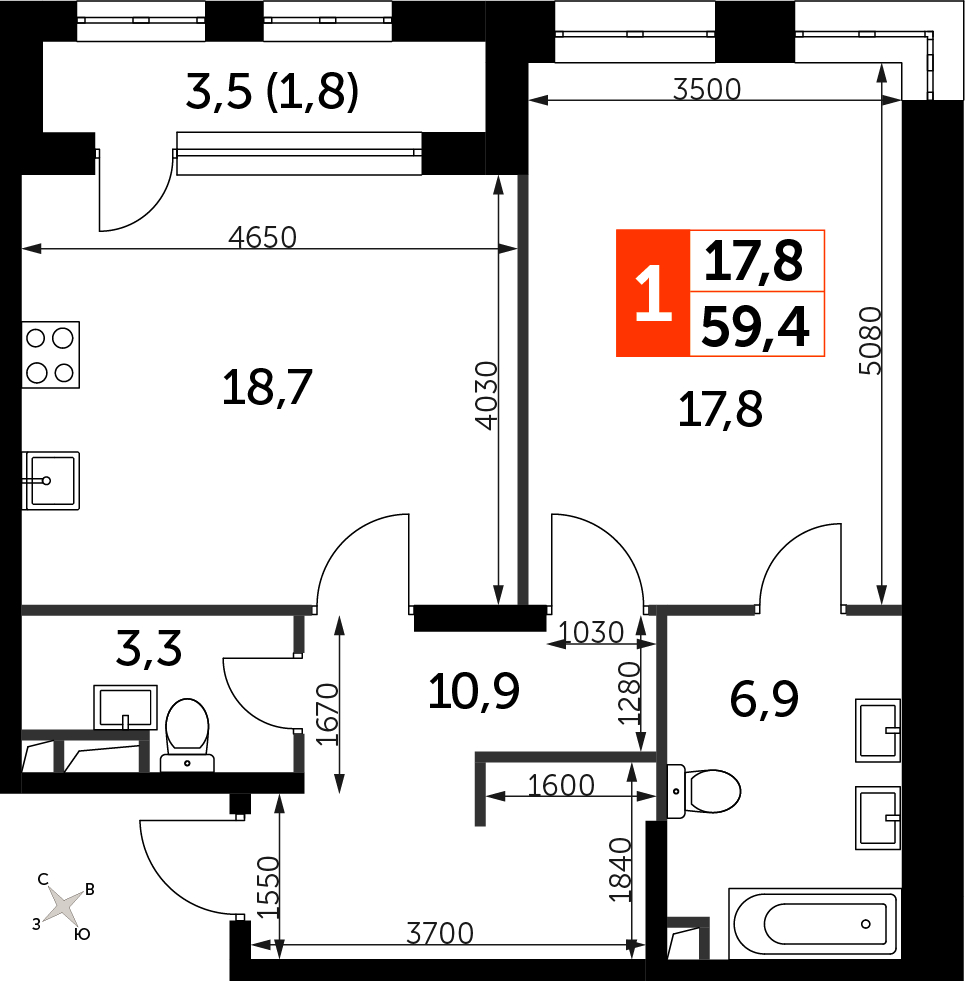 1-комнатная квартира с отделкой в ЖК Южные сады на 13 этаже в 2 секции. Сдача в 2 кв. 2025 г.