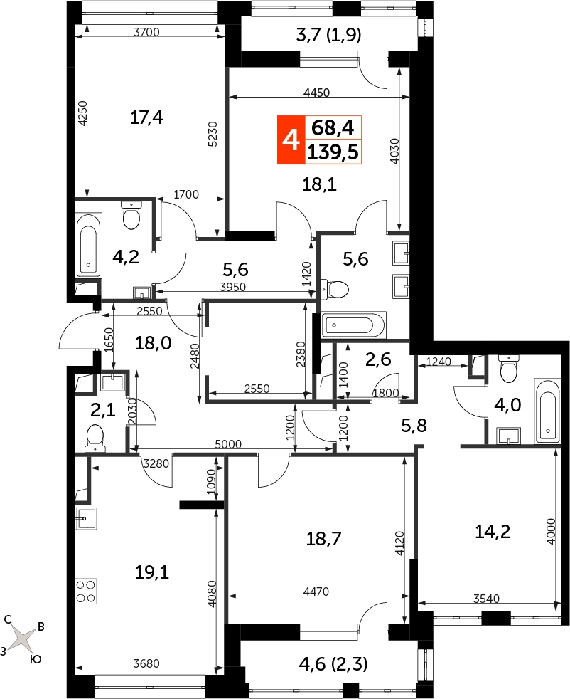 3-комнатная квартира с отделкой в ЖК GloraX City Zanevsky на 4 этаже в 2 секции. Сдача в 2 кв. 2024 г.