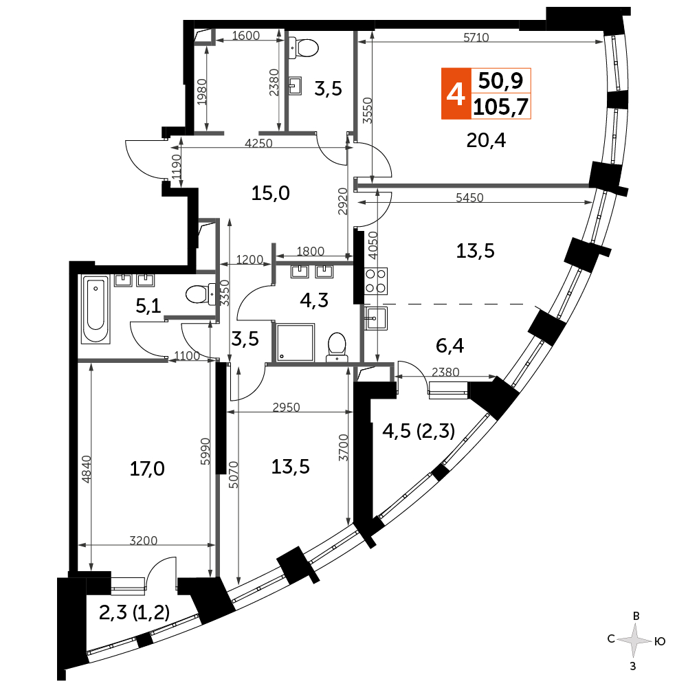 1-комнатная квартира (Студия) в ЖК Южные сады на 14 этаже в 1 секции. Сдача в 2 кв. 2025 г.