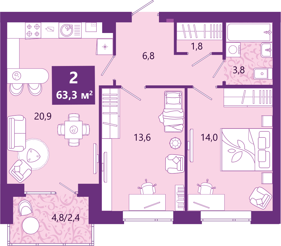 2-комнатная квартира в ЖК КутузовGRAD 2 на 17 этаже в 2 секции. Сдача в 3 кв. 2022 г.