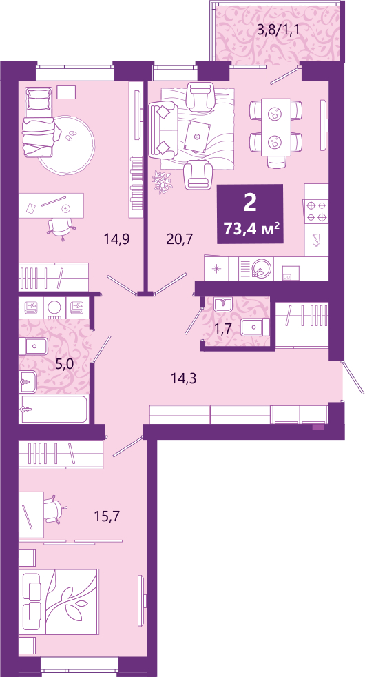 3-комнатная квартира с отделкой в ЖК Миниполис Рафинад на 7 этаже в 1 секции. Сдача в 2 кв. 2021 г.