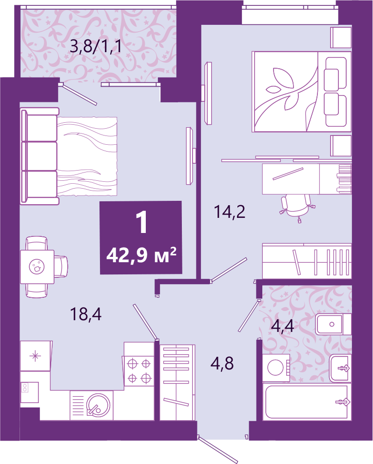 1-комнатная квартира (Студия) с отделкой в ЖК GloraX City Zanevsky на 4 этаже в 2 секции. Сдача в 2 кв. 2024 г.
