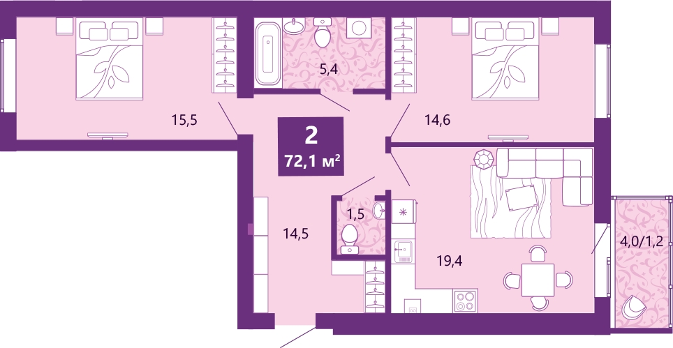 2-комнатная квартира в ЖК КутузовGRAD 2 на 26 этаже в 3 секции. Сдача в 3 кв. 2022 г.