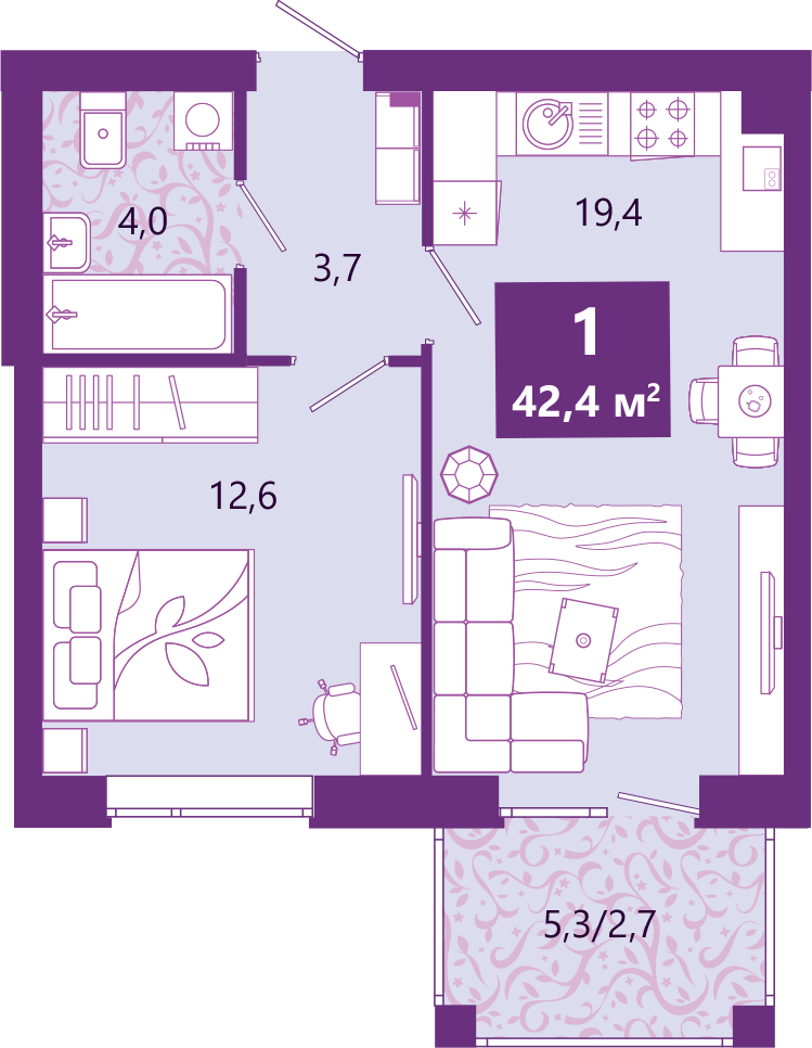 2-комнатная квартира в ЖК Бунинские кварталы на 2 этаже в 1 секции. Сдача в 4 кв. 2025 г.