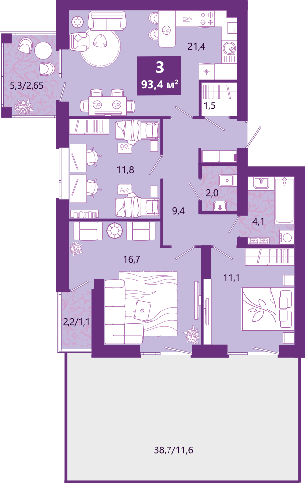 3-комнатная квартира в ЖК Остров на 13 этаже в 1 секции. Сдача в 4 кв. 2024 г.