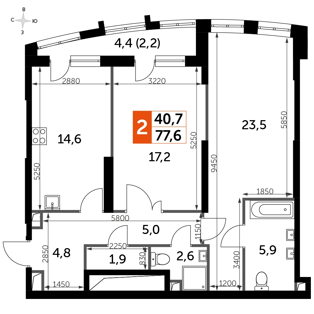 2-комнатная квартира в ЖК Южные сады на 30 этаже в 3 секции. Сдача в 2 кв. 2025 г.