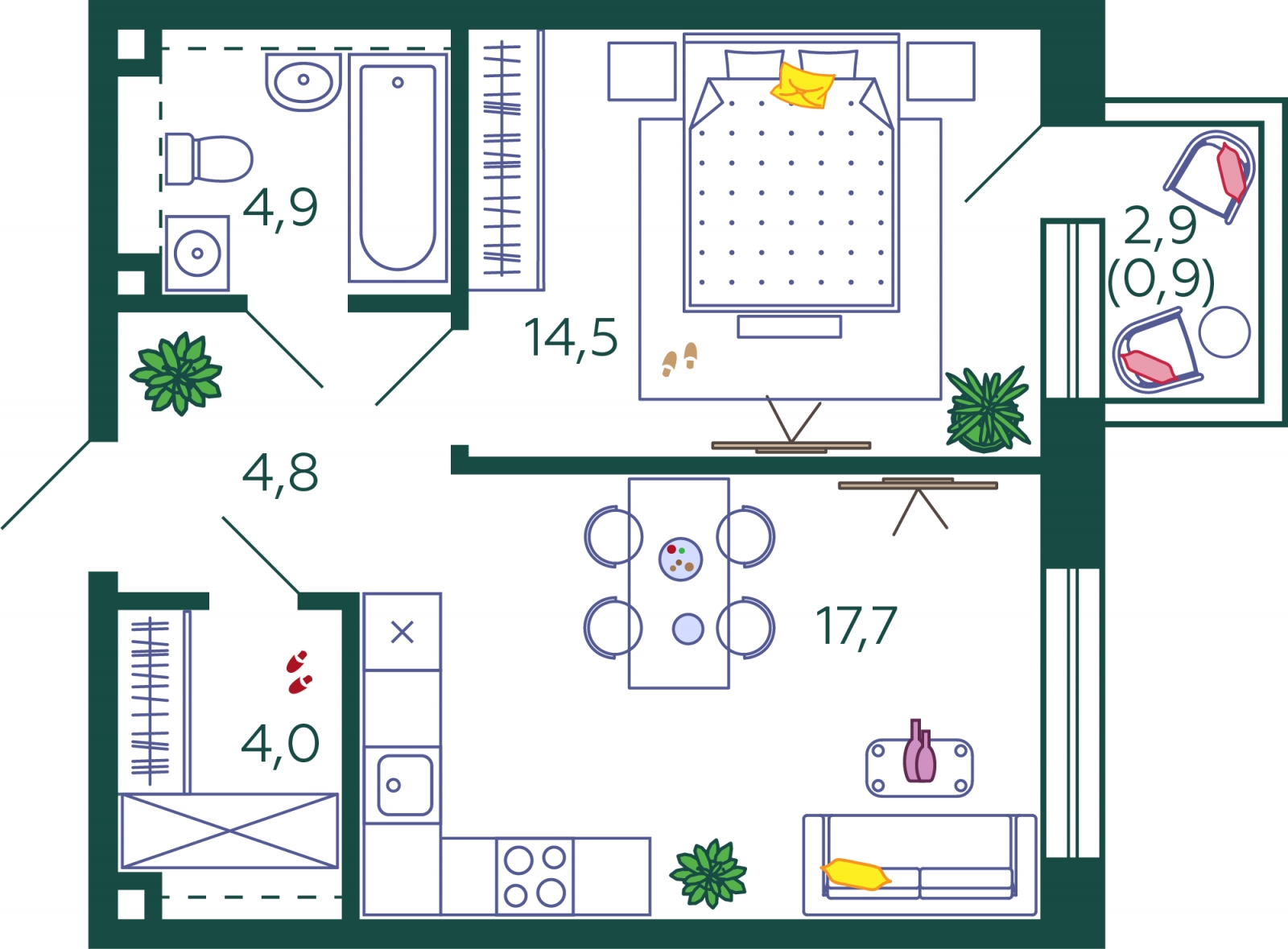 2-комнатная квартира в ЖК Бунинские кварталы на 5 этаже в 1 секции. Сдача в 4 кв. 2025 г.