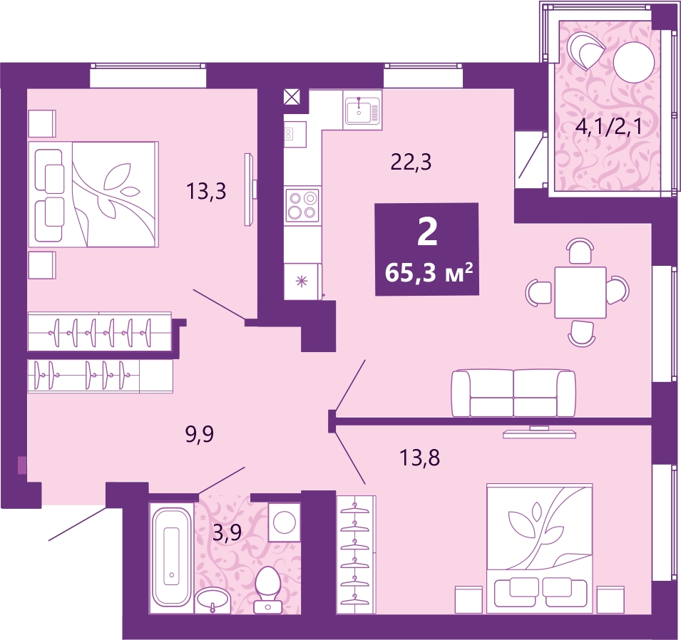 2-комнатная квартира в ЖК Prizma на 7 этаже в 1 секции. Сдача в 3 кв. 2021 г.