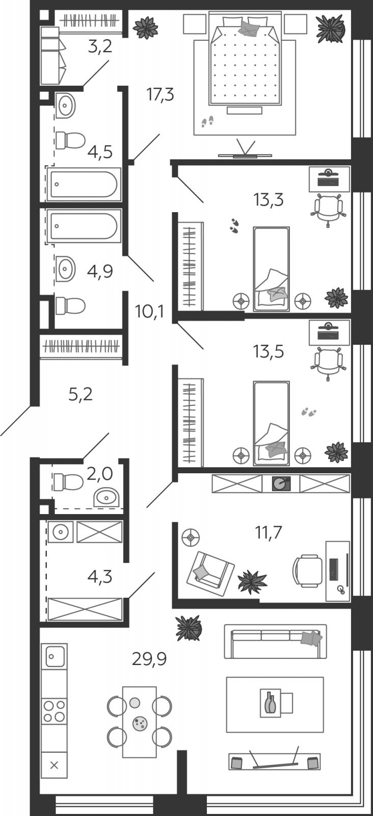 3-комнатная квартира в ЖК Бунинские кварталы на 7 этаже в 2 секции. Сдача в 4 кв. 2025 г.