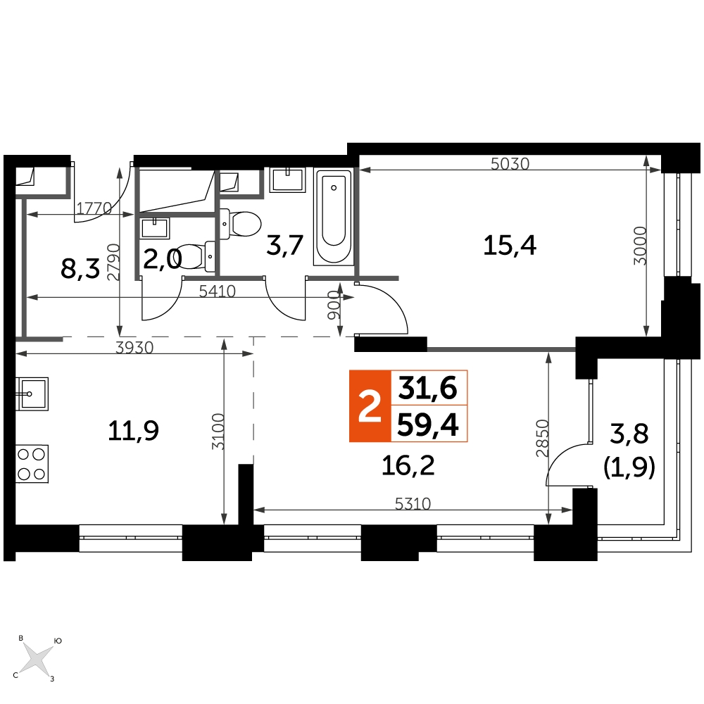 2-комнатная квартира с отделкой в ЖК Миниполис Рафинад на 4 этаже в 3 секции. Сдача в 2 кв. 2021 г.