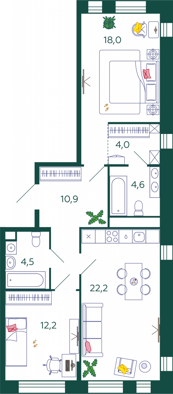 5-комнатная квартира с отделкой в ЖК Южные сады на 2 этаже в 1 секции. Дом сдан.