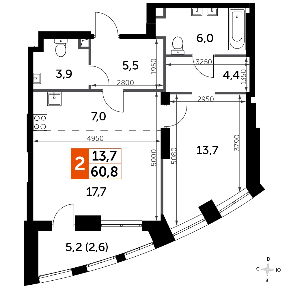 1-комнатная квартира в ЖК SHAGAL на 9 этаже в 1 секции. Сдача в 4 кв. 2023 г.