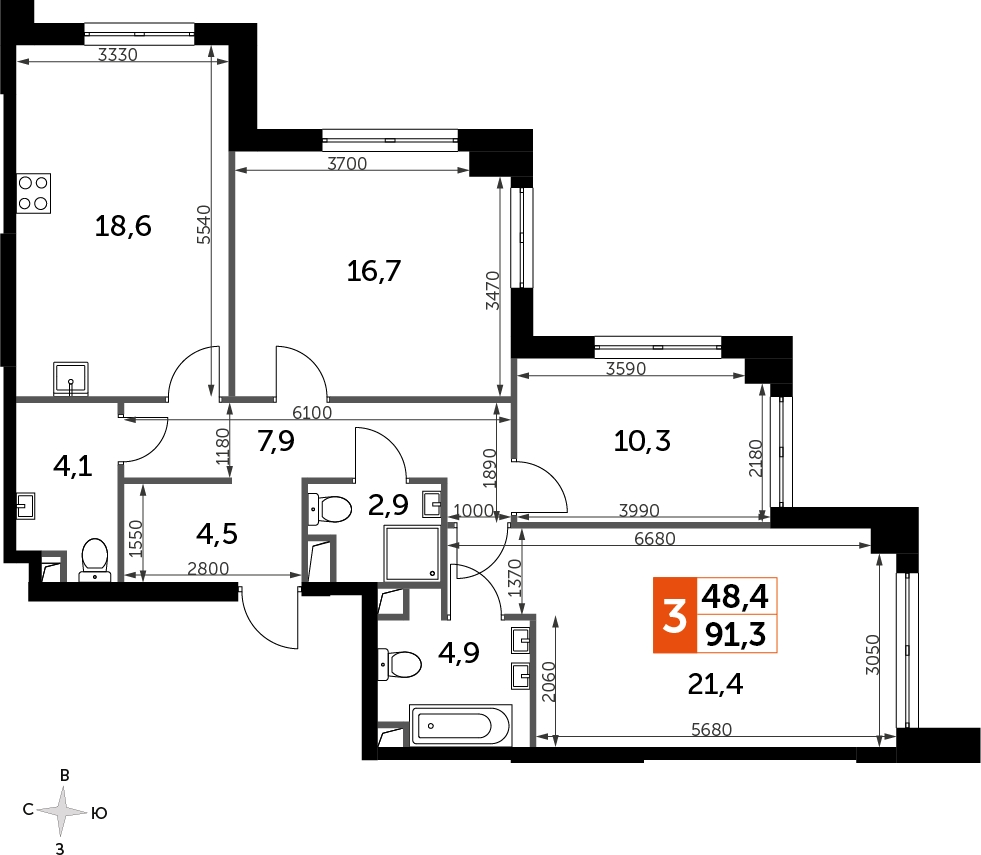 2-комнатная квартира в ЖК Городские истории на 3 этаже в 1 секции. Сдача в 4 кв. 2023 г.